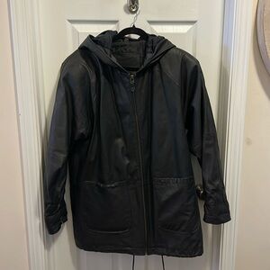VINTAGE JACQUELINE FERRAR BLACK HOODED LEATHER JACKET SIZE M